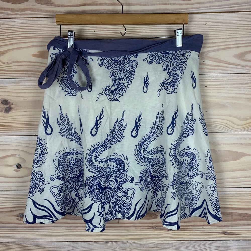 Vtg Asian‎ Wrap Skirt Womens OS Blue Dragon Flame A-Line Mini Festival Boho USA